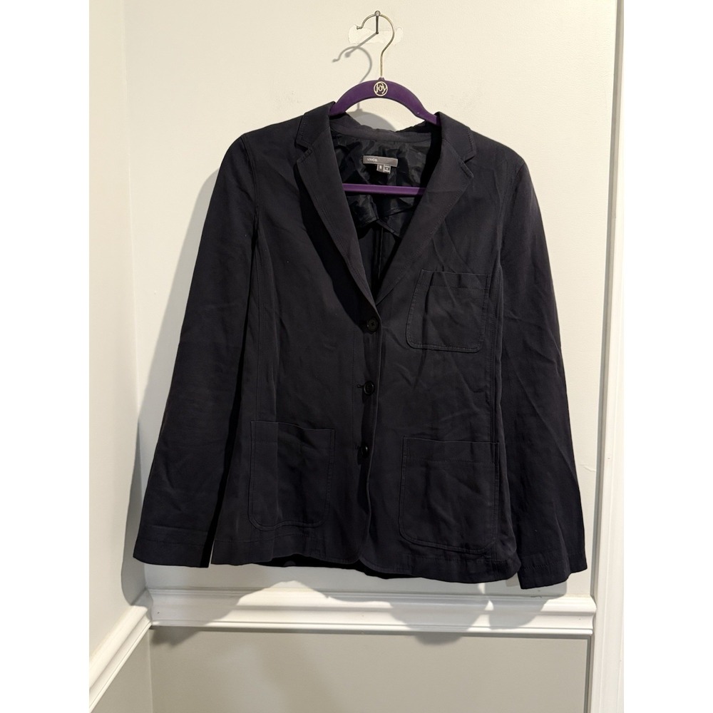 VINCE Blazer size 6 BLACK WOOL BLEND Front Pockets 3 Button Closure Collared